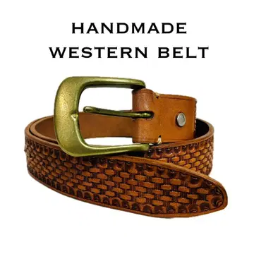 [ 미사용 ] 가죽 벨트 웨스턴 바스켓 패턴 엠보 브라운