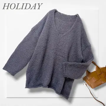 홀리데이 니트 그레이 V넥 굵은 짜임 루즈핏 릴랙스 여리여리해 보이는