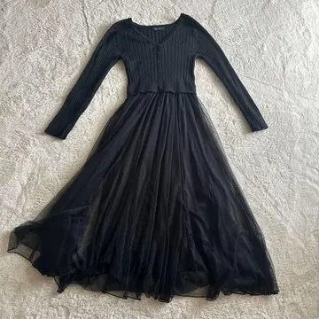 새상품급 COCO DEAL 단추 디자인 니트 튤 롱 원피스 블랙 S 맥시