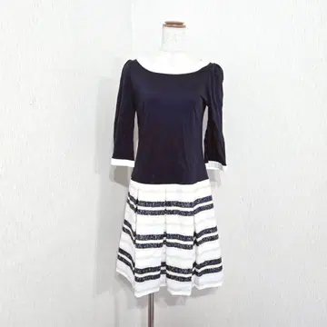 BRIGITTE 배색 원피스 일본제 7부 소매 네이비 x 보더 플리츠 9