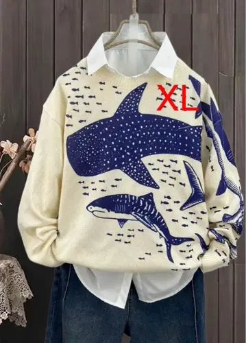 희귀한 진베이 상어와 물고기 프린트 [ 미사용 새상품 ] XLsize