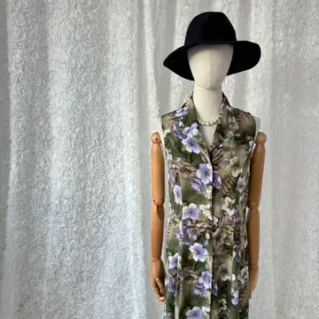 꽃무늬 롱 원피스 백산 프론트 오픈 버튼 맥시 길이 카키 그린 계열