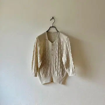 빈티지 일본제 시스루 편직 니트 티셔츠 7부 소매 패턴 편직 레트로 M