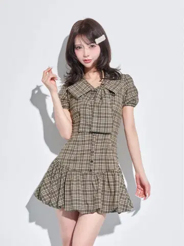Darich 다리치 빅 리본 벌룬 체크 미니 원피스 베이지