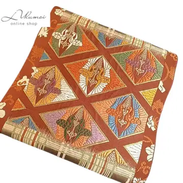 LULU13 후쿠로 오비 마주보는 학 격자 무늬 꽃 오타이코 무늬 브라운