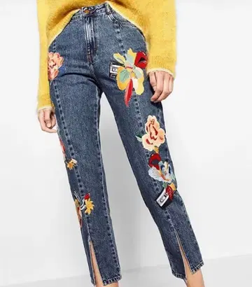 ZARA 자라 아플리케 와펜 자수 데님 팬츠 슬림핏