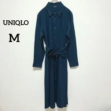 유니클로 긴팔 셔츠 원피스 롱 기장 네이비 M 허리 리본 305