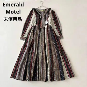 미사용품 에메랄드 모텔 세일러 카라 롱 원피스 린넨 혼방 티롤리안 패턴