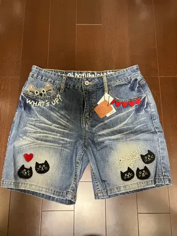 rough 고양이 자수 데님 숏팬츠 M 새상품