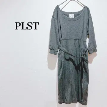 플라스테 니트 원피스 긴팔 허리 벨트 포함 면 심플 무지 둥근넥