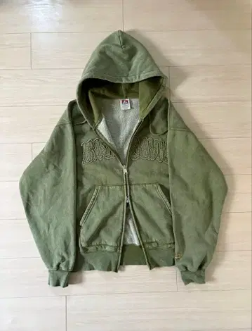 벤 데이비스 블리치 가공 더블 지퍼 후드티 그린