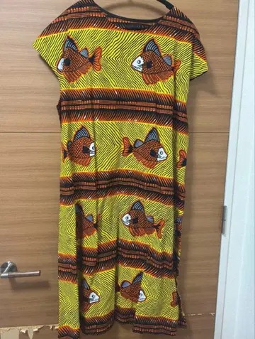 아프리칸 프린트 프렌치 소매 물고기 패턴 원피스