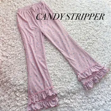 CANDY STRIPPER.*꽃무늬 리브 팬츠 밑단 프릴 핑크 전체 밴딩