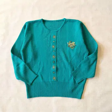 숏 기장 니트 스웨터 비리디안 청록색 M~L 상당 레트로 자수 숏 기장