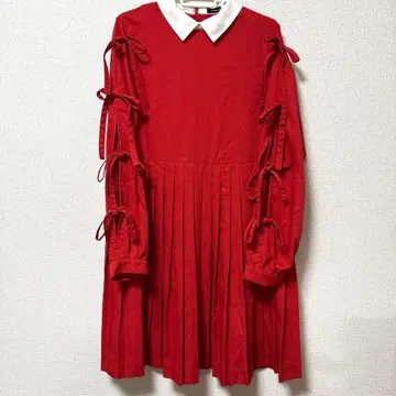 Candy Stripper 리본 플리츠 원피스 빨간색 레드 긴팔