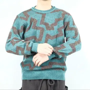 80s Karl Lagerfeld 기하학 올 패턴 울 니트 L 청록색