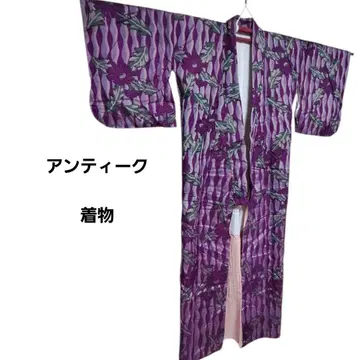 명선 기모노 카스리 고전 패턴 다이쇼 로망 쇼와 레트로 보라색 꽃 앤티크