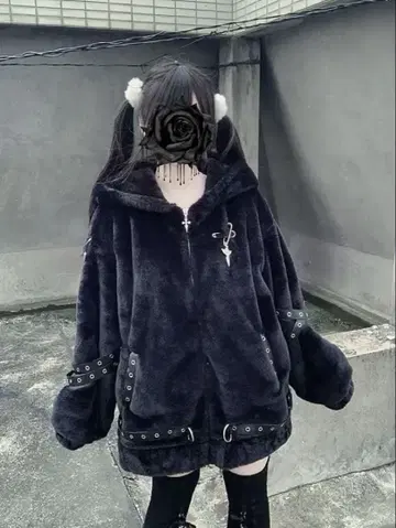 지뢰계 고양이 귀 복슬복슬 블루종 후드티 퍼 후드티 플리스 서브컬쳐 코트