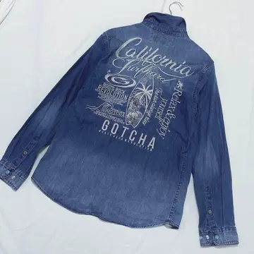 GOTCHA 자수 데님 긴팔 셔츠 백 프린트 터콰이즈 M