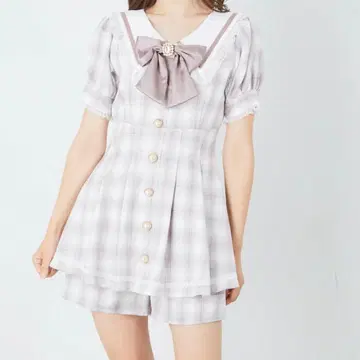 Ank Rouge 세일러 카라 체크 무늬 콤비네존 퍼플