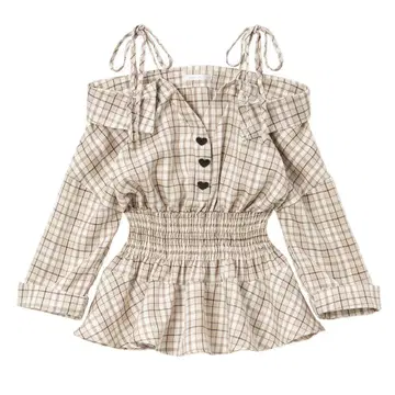 유메텐보 DearMyLove 디어마이러브 넥라인 페플럼 셔츠 베이지