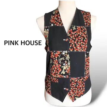 PINK HOUSE 핑크하우스 딸기 무늬 베스트 코튼 블랙