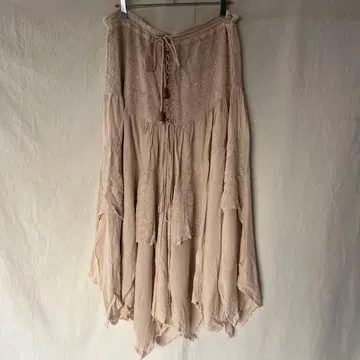 빈티지 보헤미안 레이스업 플레어 스커트 베이지 비스코스