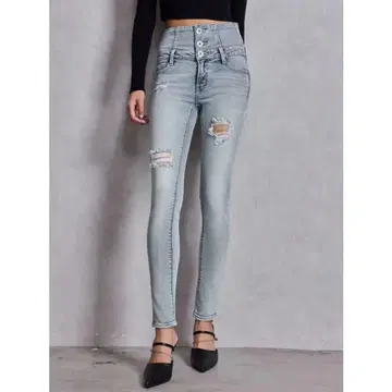 [완판템] GYDA 하이웨스트 백 크로스 데미지 스키니 데님 xs