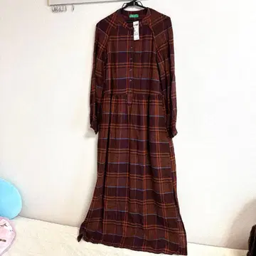 새상품 베네통 BENETTON 브라운 체크 무늬 롱 원피스 울 혼방