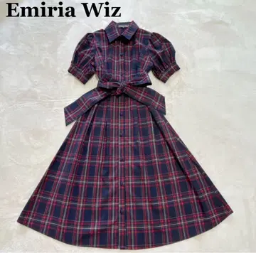 에밀리아 위즈 프론트 오픈 체크 퍼프 슬리브 리본 벨트 원피스 S
