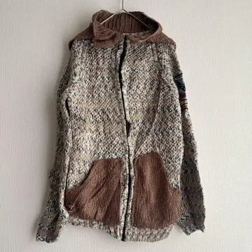 레어 두꺼운 니트 풀 집업 후드티 와펜 기믹 y2k 그런지 브라운