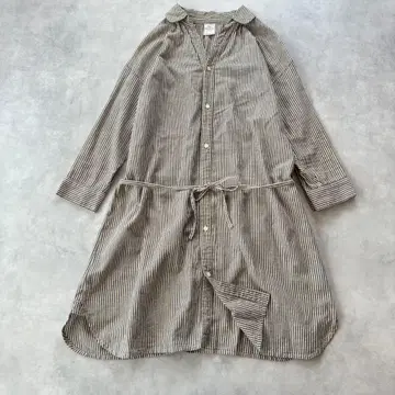 ICHI 스트라이프 셔츠 원피스 면 린넨 돌먼 슬리브 일본제