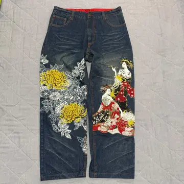 화조풍월 오이란 자수 일본풍 패턴 데님 36 국화 빈티지 가공