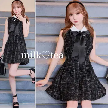 택 포함 새상품 미셸 마카롱 리본 트위드 미니 원피스 프리 블랙 F