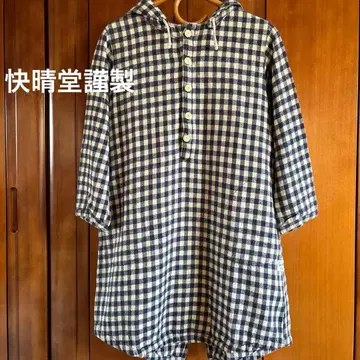 카이세이도 깅엄 체크 후드티 7부 소매 튜닉 기장 원피스 면 소재