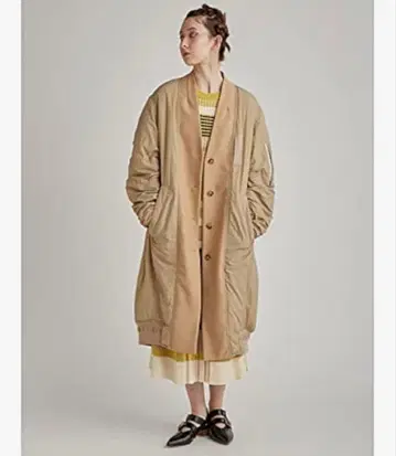 퍼퍼 MA1 믹스 재료 코트 롱 V넥 핑크