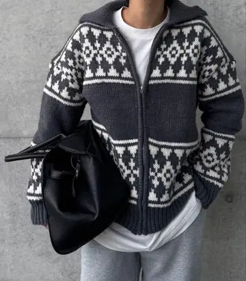 mimi 니트 카우친 노르딕 무늬 집업 니트 미사용 새상품
