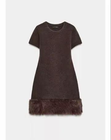 다크 브라운 퍼 미니 원피스 반팔 ZARA