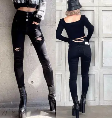 GYDA 하이웨스트 백 크로스 데미지 스키니 데님 팬츠 S 사이즈