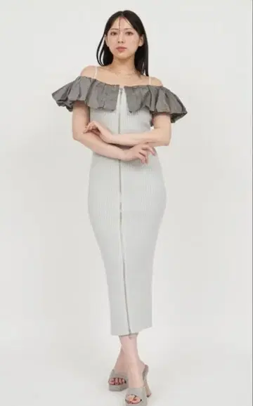 ROYAL PARTY 오프숄더 도킹 더블 ZIP 니트 타이트 원피스