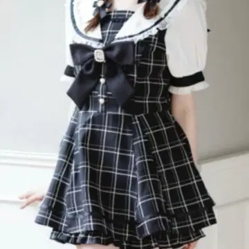 리본 포함 LIZLISA 반팔 세일러 카라 셋업 블랙 체크