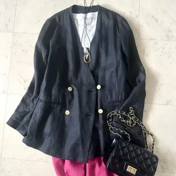 인기 이에나 프렌치 린넨 트윌 W 브레스 자켓 린넨 노카라