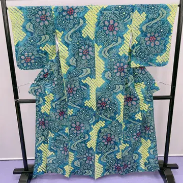 4214 유카타 여름 기모노 유카타 시보리 염색 청록색 탁한 옐로우 컬러