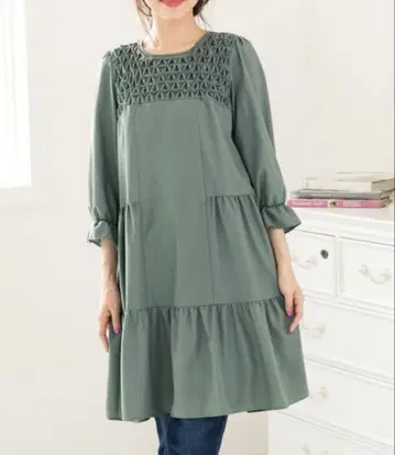 로즈 티아라 스모킹 가공 튜닉 기장 블라우스 원피스 42 그린