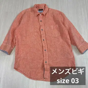 멘즈 비기 오렌지 프렌치 린넨 버튼 다운 7부 소매 셔츠 3