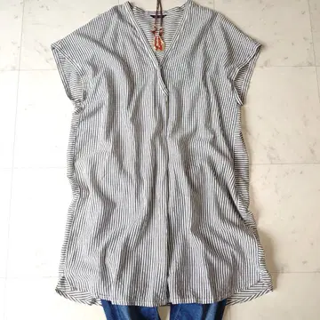 파드칼레 스트라이프 텐셀 제품 워싱 V넥 프렌치 슬리브 튜닉