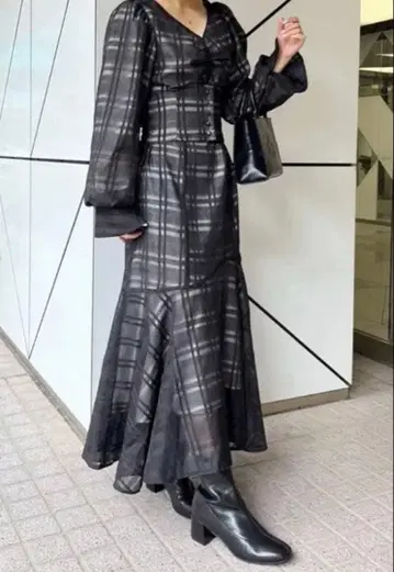 NICE CLAUP 머메이드 원피스 시어 체크 블랙 코르셋