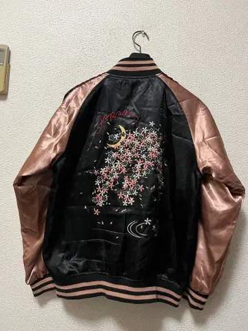 일심여경 자수 수베니어 자켓 /L 블랙 x 핑크 벚꽃 달 스카잔