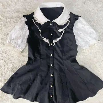 시크릿 허니 블라우스 반팔 레이스업 펄 플레어 블랙 화이트