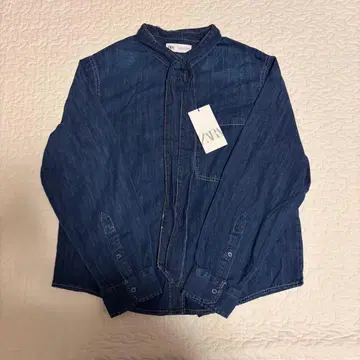 새상품 자라 보타이 데님 셔츠 M 리본 데님 셔츠 스탠드 카라 셔츠